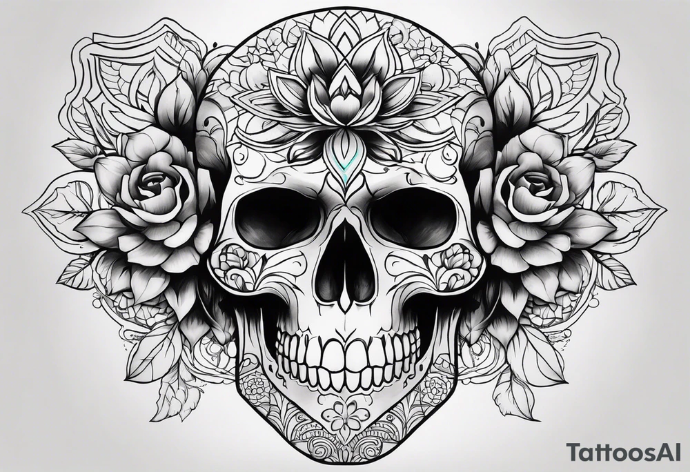 Draw me a realistic skull with black smoke out of his mouth add some flowers underneath with some mandalas at the bottom tattoo idea