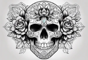 Draw me a realistic skull with black smoke out of his mouth add some flowers underneath with some mandalas at the bottom tattoo idea
