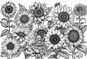 7 different species of sunflower laid out in 2 diagonal rows outline tattoo idea