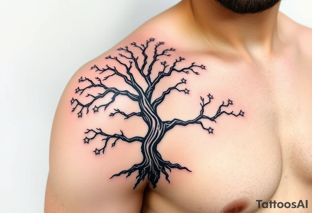 Large Flowing asymmetrical symbolic tree quarter sleeve on shoulder that extends down arm and onto back and chest. Bold and simple branches that do not look realistic. Tree of gondor with seven stars tattoo idea