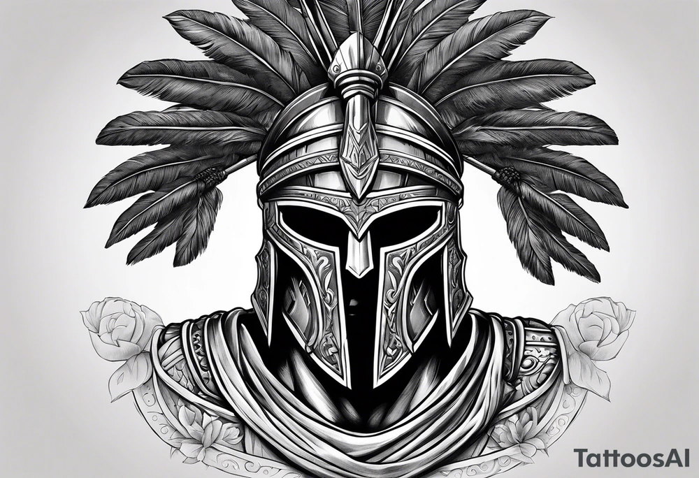 greek spartan warriors black face under the helmet, holding a spear tattoo idea