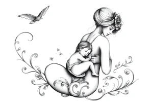 Mère assise  qui allaite son bébé relié au ciel et à la terre tattoo idea