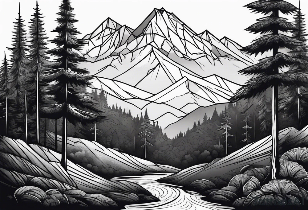 forest with mountains in the distance tattoo idea