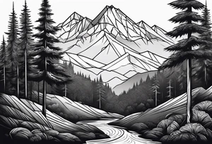 forest with mountains in the distance tattoo idea