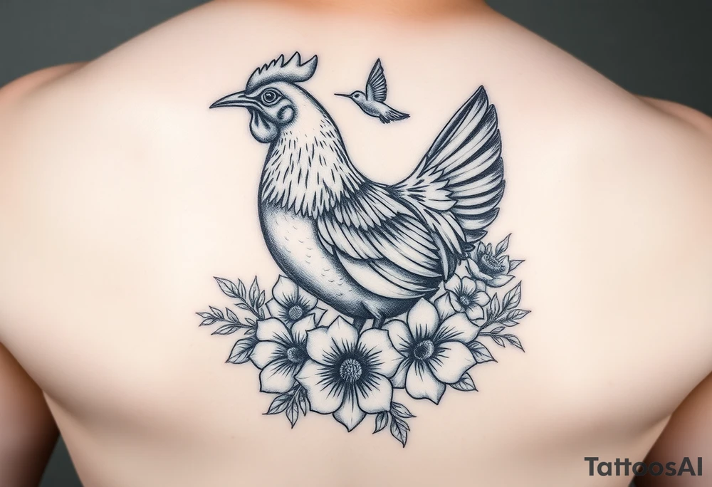 A hen surrounded by flowers with a hummingbird flying and a ladybug on flowers tattoo idea