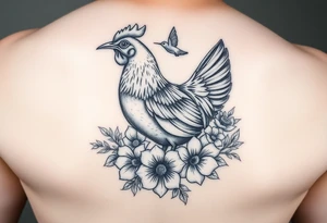 A hen surrounded by flowers with a hummingbird flying and a ladybug on flowers tattoo idea