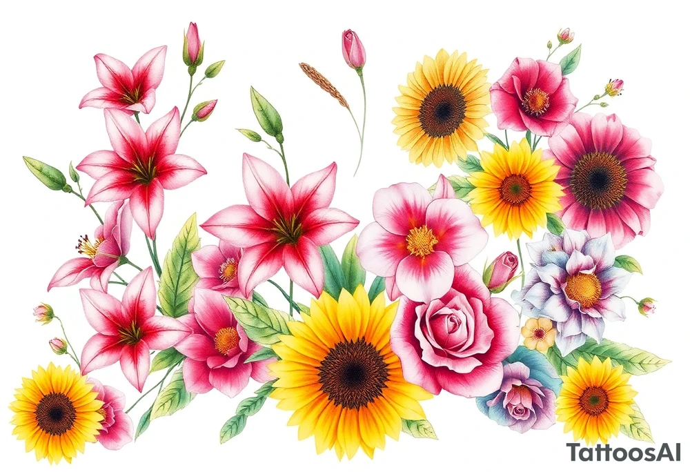 6 pink vintage star gazer lillies some yellow some red wild roses and sunflowers and hydrangea tattoo idea