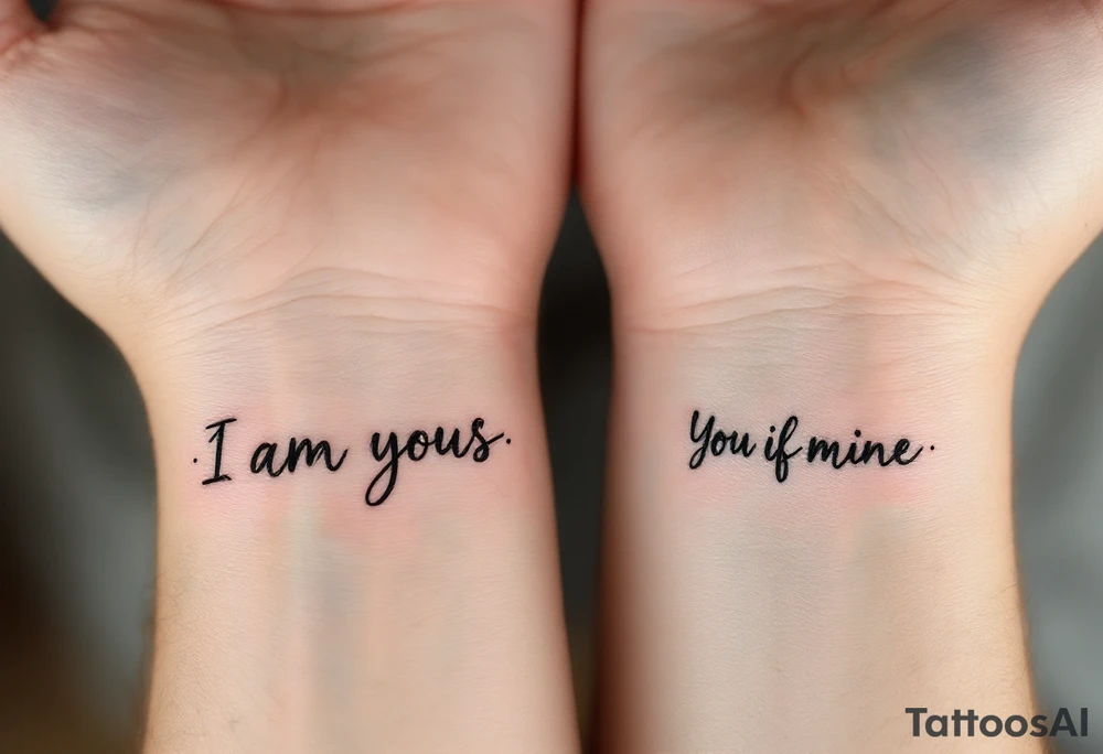 “I am yours” in soft gray on her wrist and “You are mine” in black on his neck symbolize mutual belonging. tattoo idea