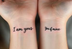 “I am yours” in soft gray on her wrist and “You are mine” in black on his neck symbolize mutual belonging. tattoo idea