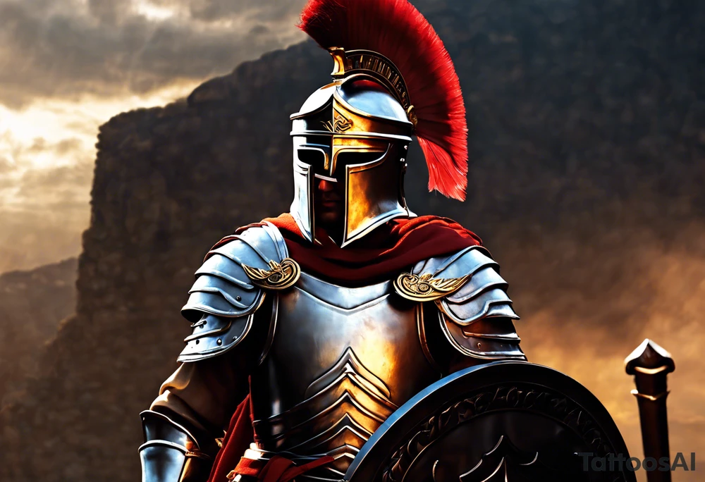 a roman soldier from AD 60, wearing armor which must include an armoured belt, breastplate, armoured shoes, shield, helmet and sword.
the soldier must look strong. the soldier is faceless. The image must include the full person, not just the top half. The soldier is mid-battle, fending off flaming arrows with his shield tattoo idea