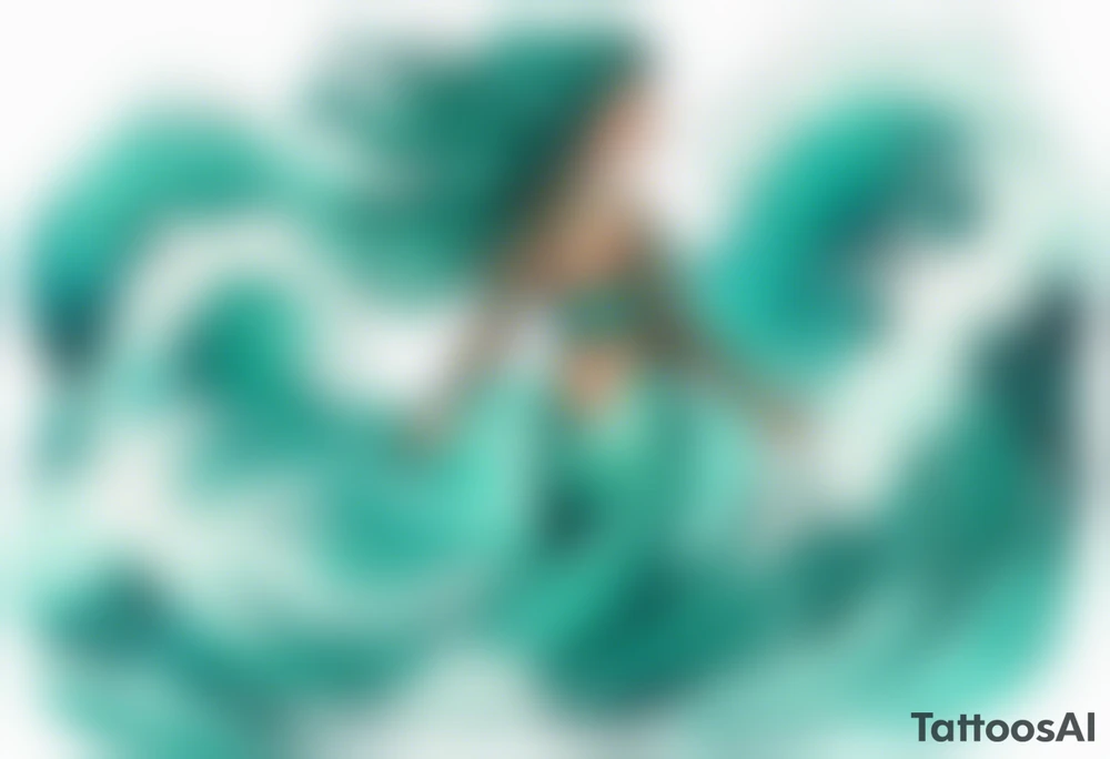 a beautiful chubby turquoise serpent woman emerging from an ocean wave, crashing onto the shore tattoo idea
