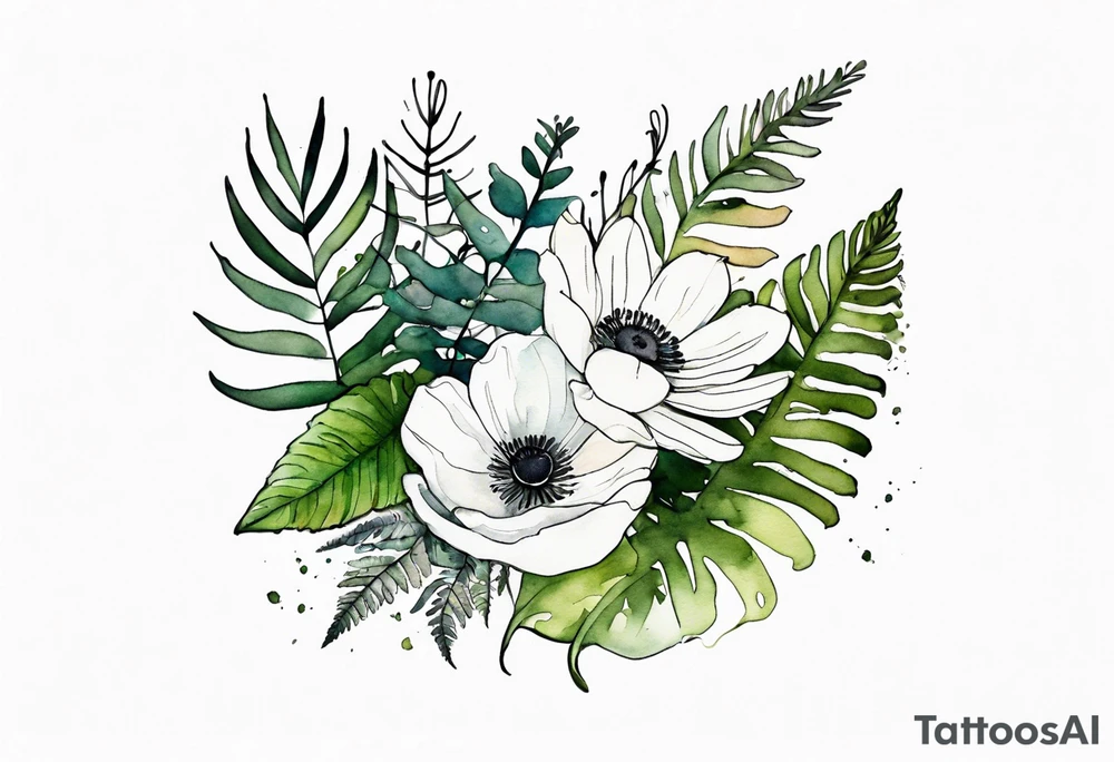 wild flower bouquet with ferns and white anemone all watercolor tattoo idea