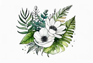 wild flower bouquet with ferns and white anemone all watercolor tattoo idea