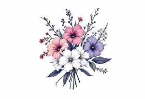 Beautiful Bouquet made up of Heather, pansy, oak, queen Anne’s lace, and honeysuckle. tattoo idea