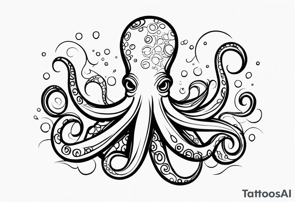 Tribal half sleeve. octopus surrounded by ribbons of water waves filled with fish. the octopus has no eyes. Use thick lines only with less detail. tattoo idea