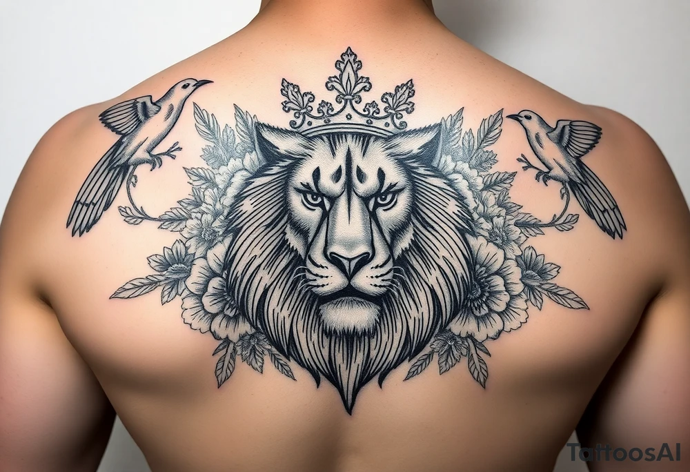 powerful majestic lion with a crown, surrounded by floral ornaments and birds tattoo idea