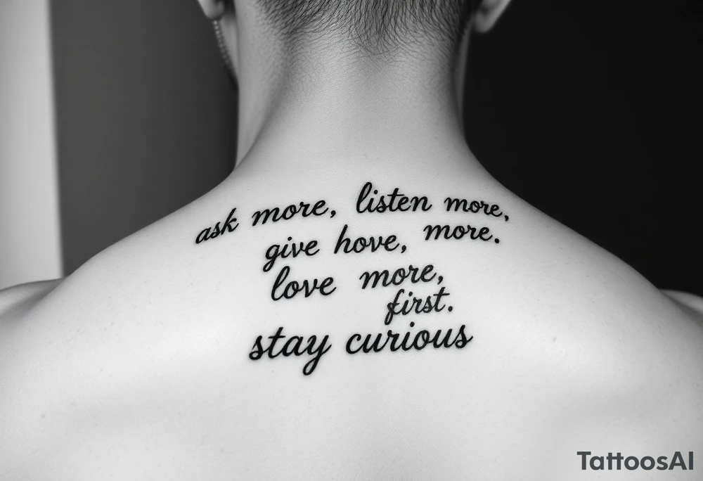 a tattoo on a man's front left clavicle that reads ask more. listen more. give more. love first. stay curious. tattoo idea