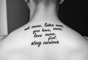 a tattoo on a man's front left clavicle that reads ask more. listen more. give more. love first. stay curious. tattoo idea
