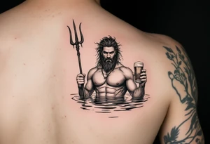 young, fit poseidon in calm water, holding a trident, drinking a beer, with a foot tattoo on his bicep tattoo idea