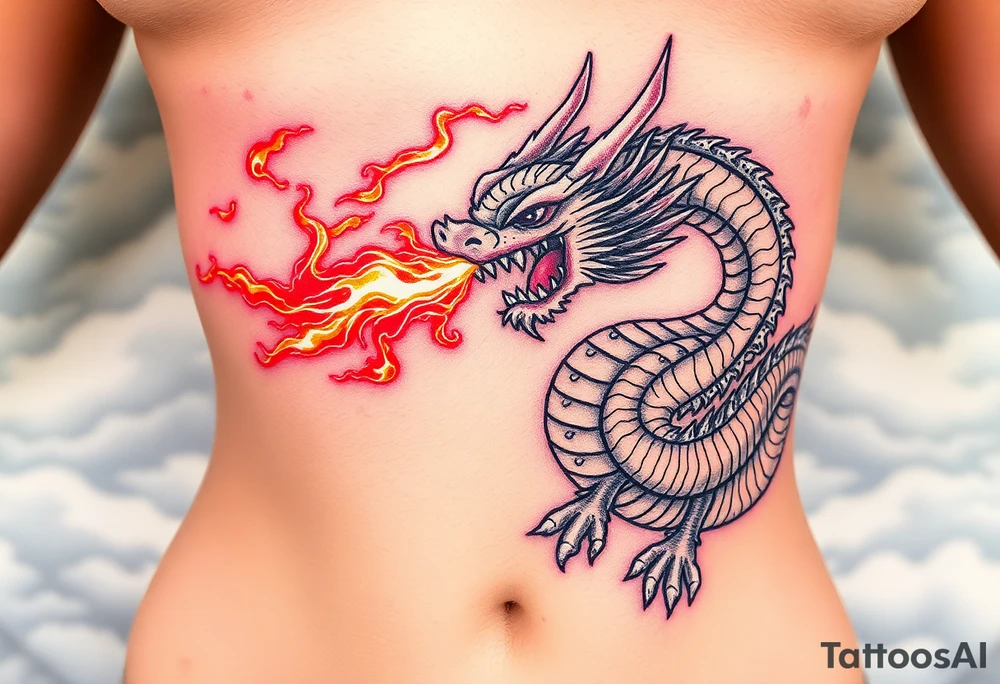 fierce dragon breathing iridescent fire against stormy skies tattoo idea