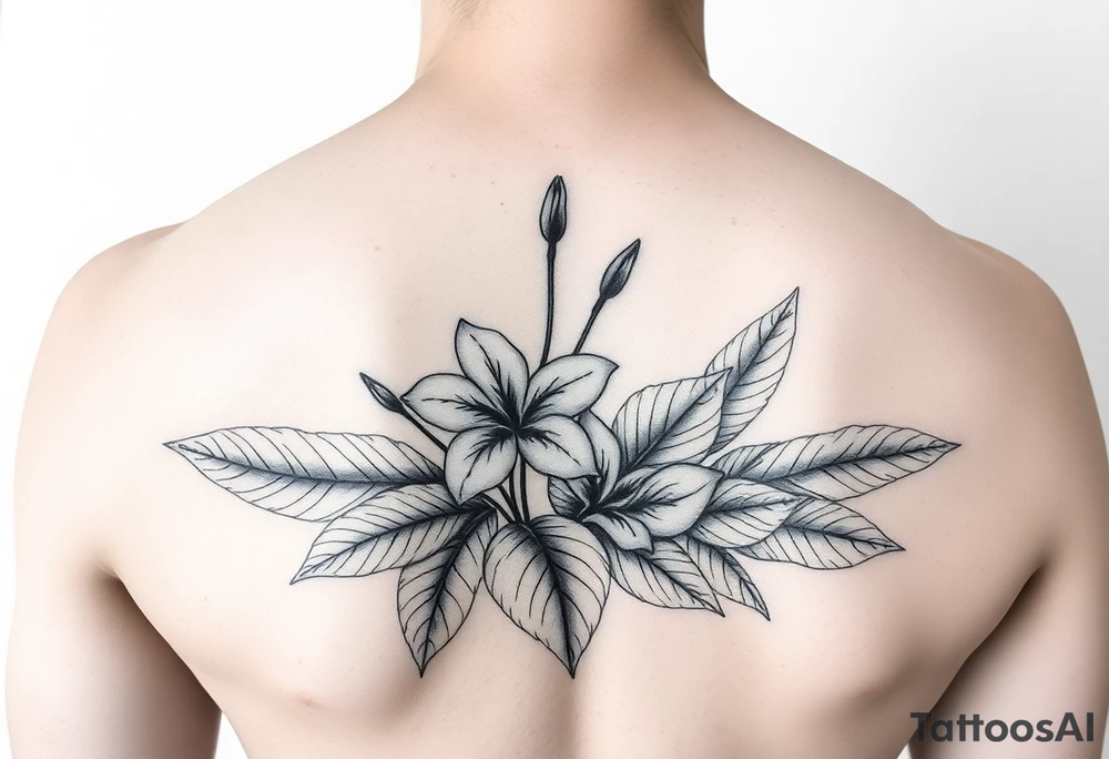 feminine dainty small shading realistic tattoo 

Sampugita flowers, anahaw leaves, tropical foliage tattoo idea