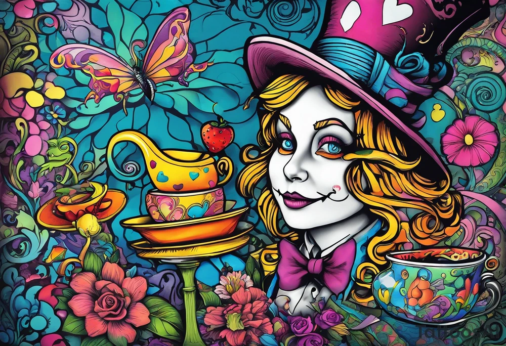 Alice in Wonderland. Mad hatter, Cheshire Cat, hook-a smoking caterpillar, eat me, drink me, we are all mad here. Colorful. Psychedelic. Playful. tattoo idea