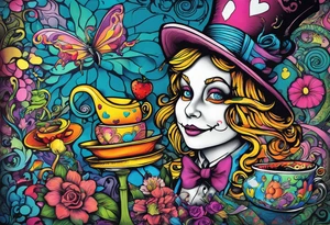 Alice in Wonderland. Mad hatter, Cheshire Cat, hook-a smoking caterpillar, eat me, drink me, we are all mad here. Colorful. Psychedelic. Playful. tattoo idea