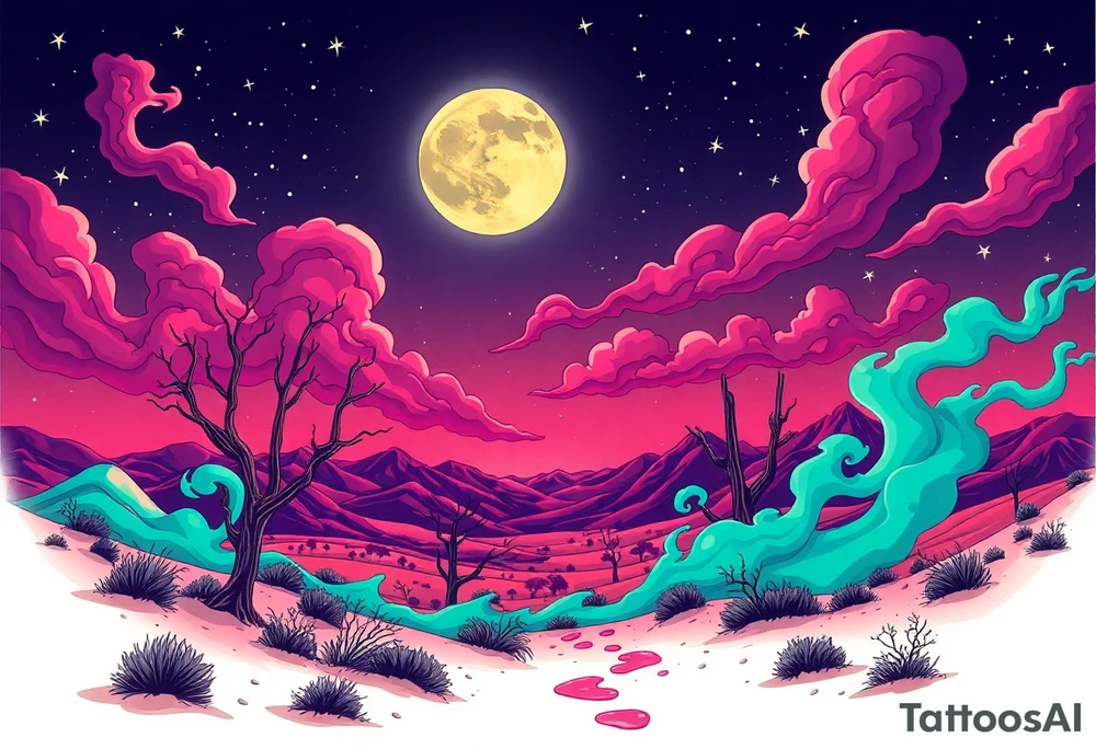 Tim Burton’s nevada new mexico desert  and dripping with muted reds, dusty pinks, and eerie green glow purple and cyan smokey clouds swirl and dance in the moonlit night sky filled with twinkling stars  tattoo idea tattoo idea
