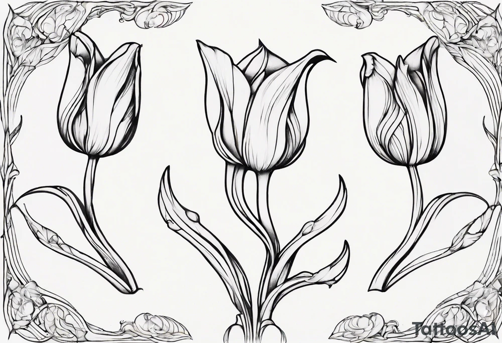Generate a compelling tattoo design featuring three tulips with intertwining stems. Emphasize the graceful entwining of the stems, creating a harmonious and visually captivating composition. Each tulip should showcase distinct characteristics, from the delicate curves of the petals to the intricate details of the stamen. Consider incorporating elements that symbolize unity, growth, and interconnectedness. Capture the essence of nature's beauty while ensuring the overall design is balanced and aesthetically pleasing. tattoo idea