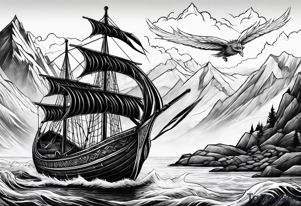 Viking in a boat flying above mountains tattoo idea