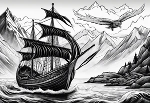 Viking in a boat flying above mountains tattoo idea