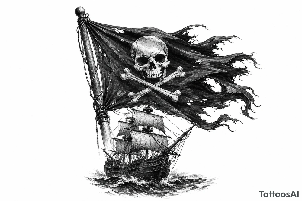 Tattered Jolly Roger flag whipping in the wind above a pirate ship. tattoo idea