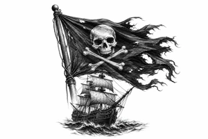 Tattered Jolly Roger flag whipping in the wind above a pirate ship. tattoo idea