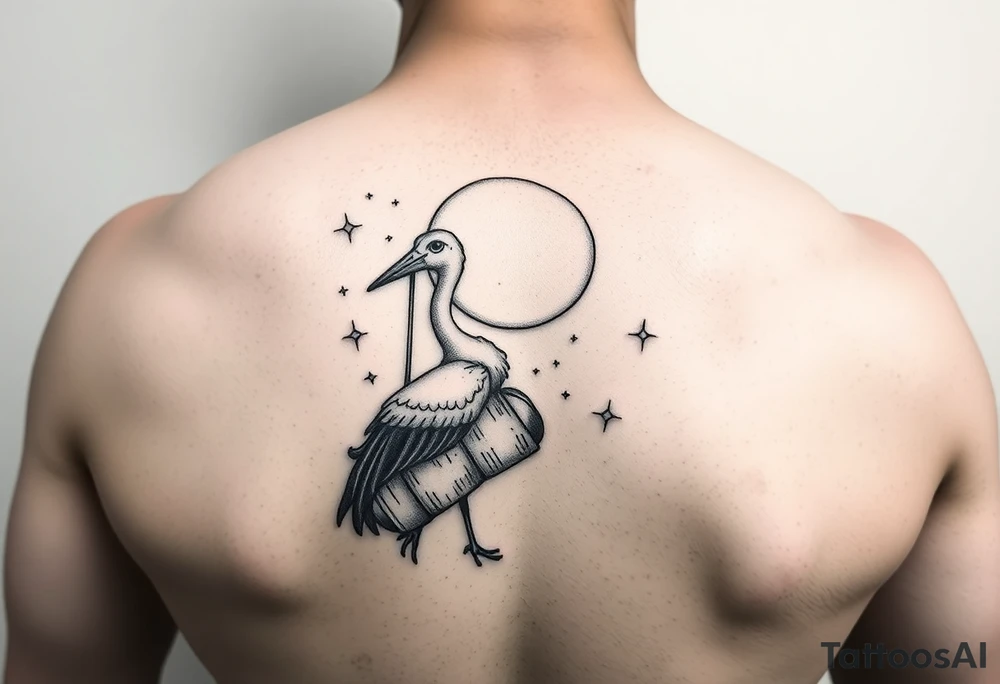 Stork carry bundle towards moon, stars tattoo idea