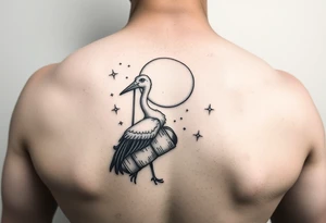 Stork carry bundle towards moon, stars tattoo idea
