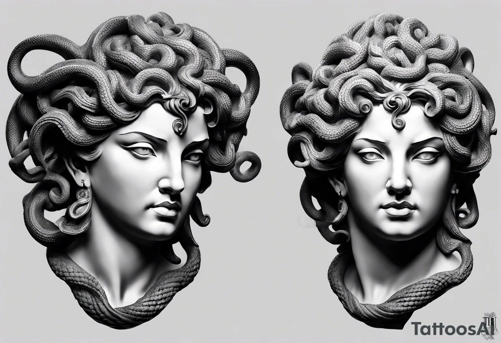 medusa sculpture bust with a blank stare and cracks in the sculpture tattoo idea
