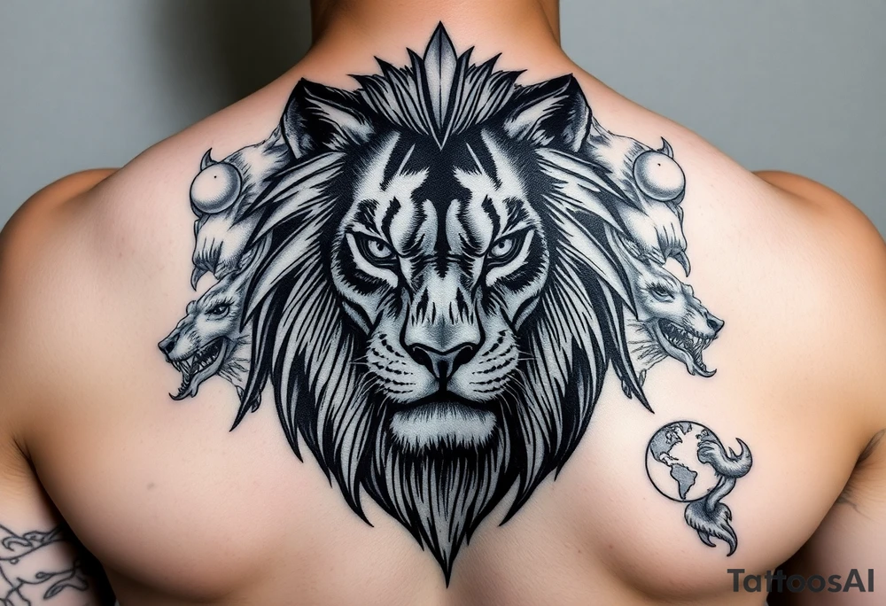 powerful majestic lion with a alien eyes, surrounded by vicious animals but not from earth tattoo idea