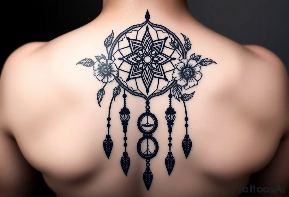 Boho dream catcher with gothic compass and hourglass. Beautiful flowers and an ornamental chandelier like look tattoo idea