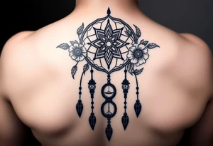 Boho dream catcher with gothic compass and hourglass. Beautiful flowers and an ornamental chandelier like look tattoo idea