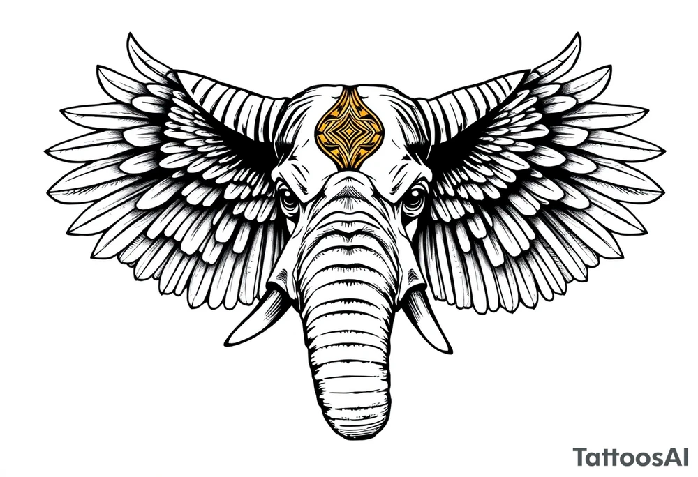 A horned African elephant with ears that resemble the wings of a falcon and covered in Egyptian symbolism tattoo idea