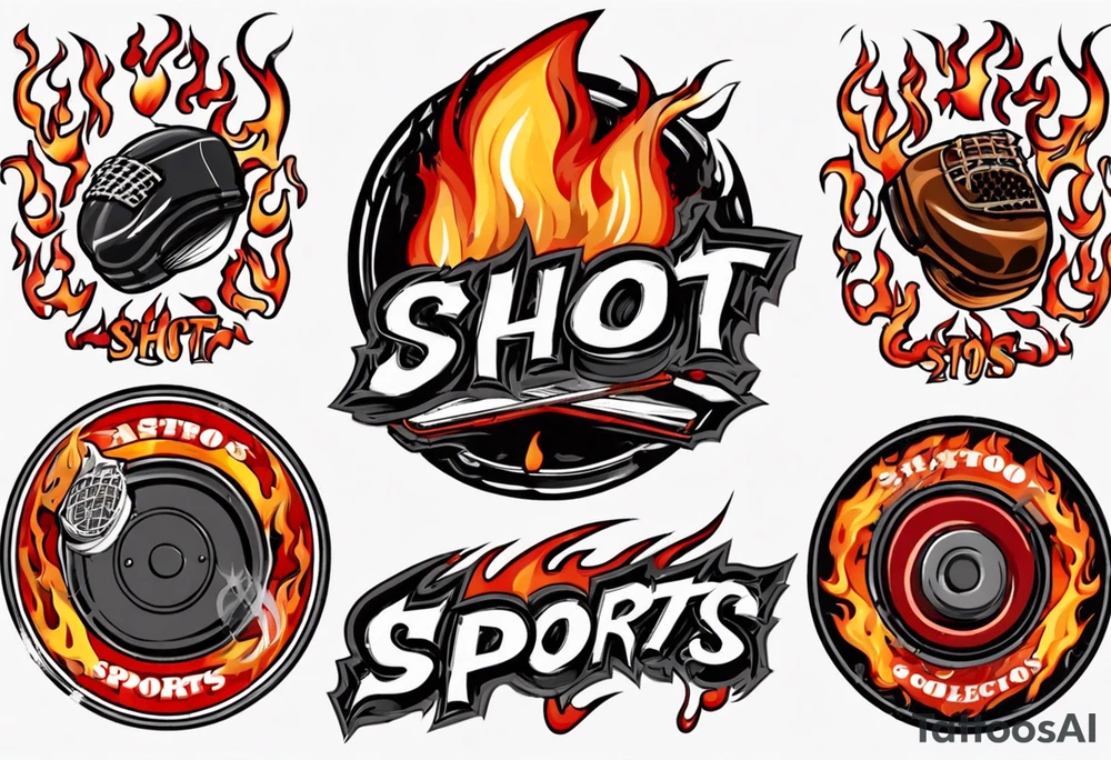 hockey puck with flames on it's side that says "SHOT SPORTS" tattoo idea