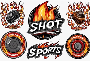 hockey puck with flames on it's side that says "SHOT SPORTS" tattoo idea