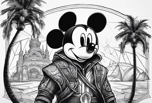 mickey mouse assassins creed character that is in the style of tron with palm trees tattoo idea
