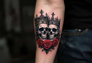 A dark grayscale tattoo of a king and queen skull wearing jeweled crowns with blood-red roses behind them. tattoo idea