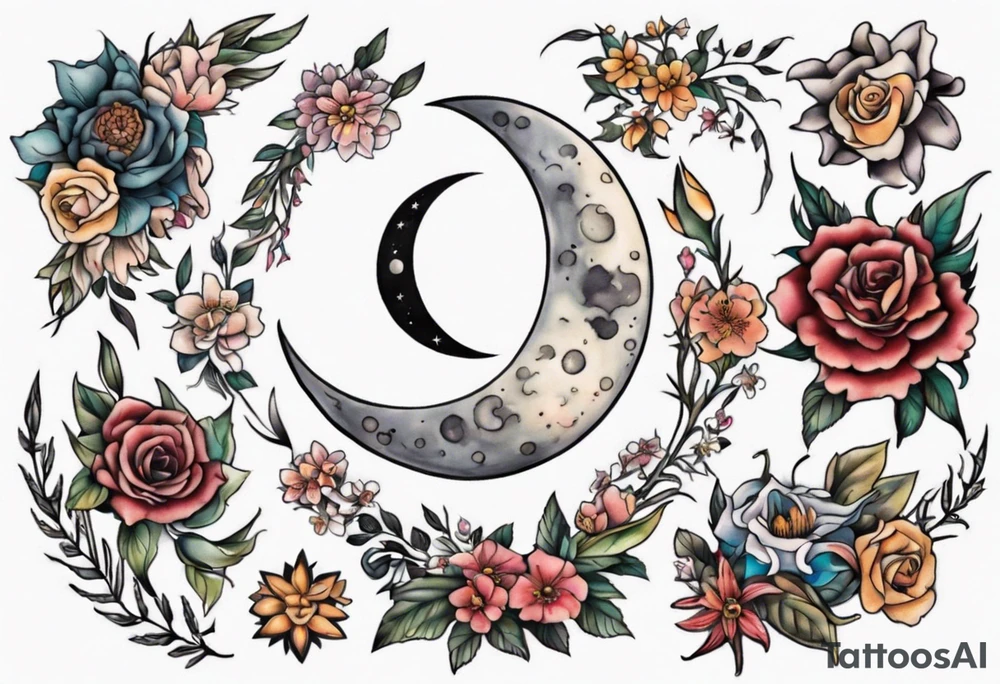 moon with flowers around it tattoo idea