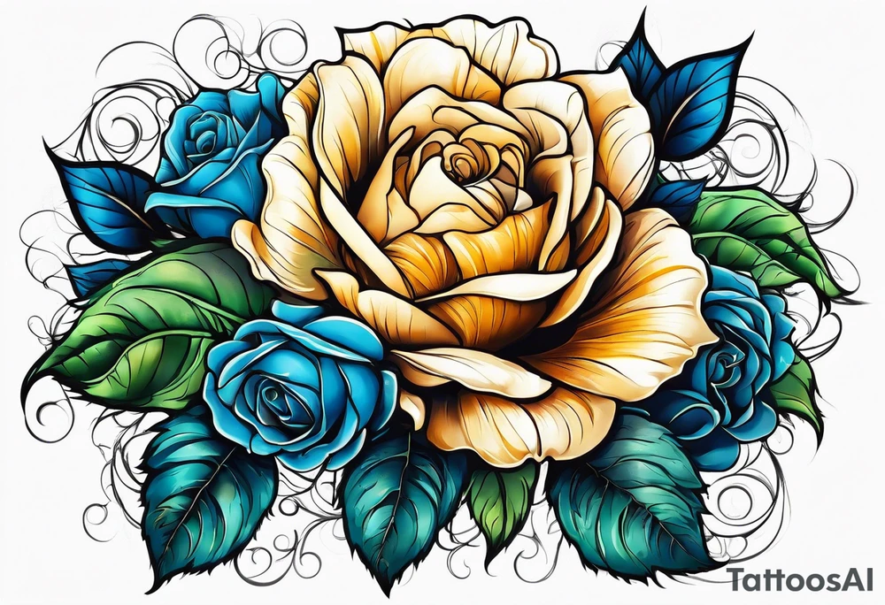 flower rose and blue, sunflower, tattoo idea