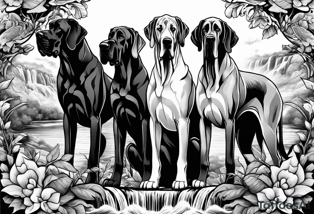 Arm sleeve- with four Great Danes in front of waterfall tattoo idea