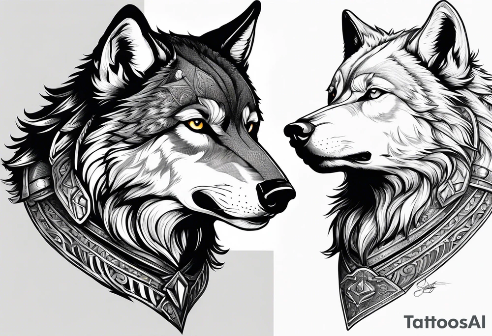 realistic style fenrir wolf in profile, include in it's forehead a diamon shape of hair (and some kind of armor) like a helmet tattoo idea