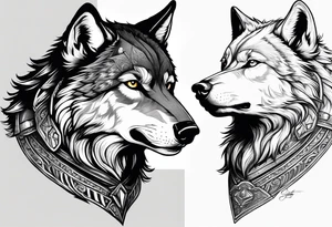 realistic style fenrir wolf in profile, include in it's forehead a diamon shape of hair (and some kind of armor) like a helmet tattoo idea