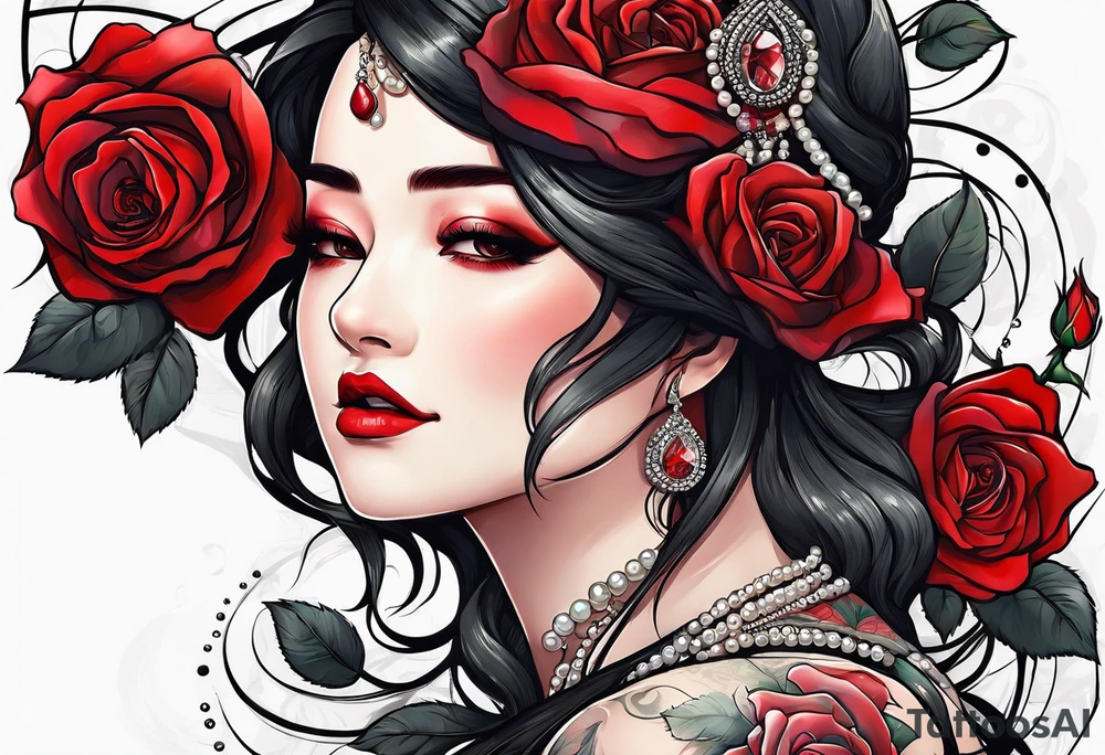 Red rose with a pearls dangling tattoo idea